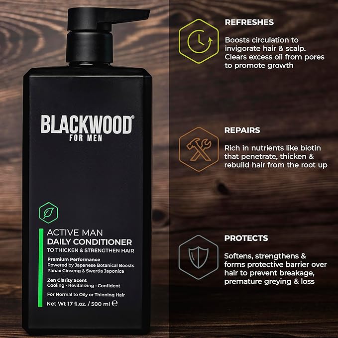 BLACKWOOD FOR MEN Active Man Daily Hair Conditioner for Men, Thickening Conditioner, Deep Nourishing Treatment for Shine, Hair Loss & Dandruff - Natural Vegan Formula Sulfate-Free, Paraben-Free,17 oz