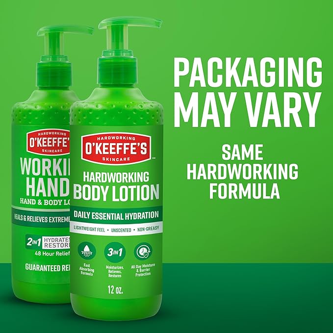 O’Keeffe’s Hardworking Body Lotion, Daily Hydration for Dry Skin, 12 oz Pump (2 Pack) Non Greasy & Unscented, Lightweight Fast Absorbing Formula