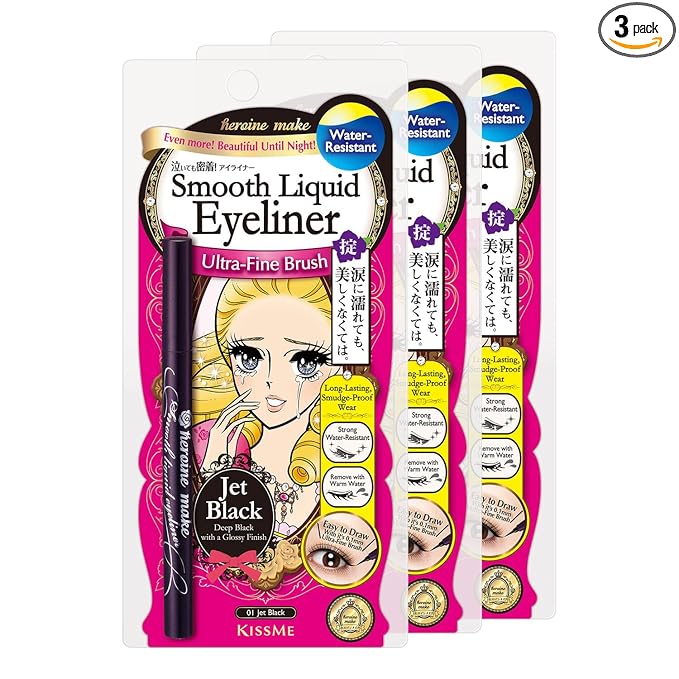 Heroine Make by KISSME Waterproof Eyeliner with Ultra-Fine 0.1mm Tip, Liquid Eyeliner Pen for Sensitive Skin, Cat Eye Liner for Long Lasting Wear, Made in Japan, Jet Black, 3 EA, SMOOTH
