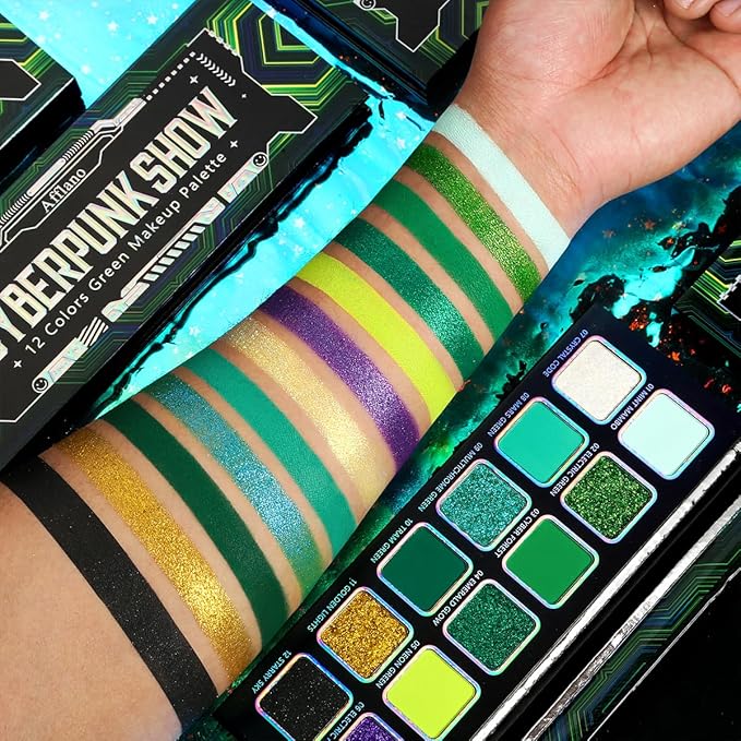 Green Eyeshadow Makeup Palette, 12 Colors Neon Emerald Green Glitter Holographic Eyeshadow with Matte Shimmer for Brown Eyes, Pigmented Silky Long Last Forest Eye Shadow for Witch, Shrek, Party, Vegan