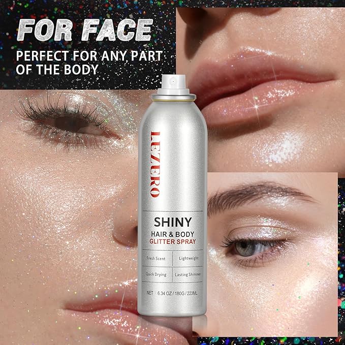 Hair and Body Glitter Spray for Women, Rainbow Silver Shimmer Makeup, Large Capacity for Festival Rave Outfits Accessories, 200ml/6.34oz