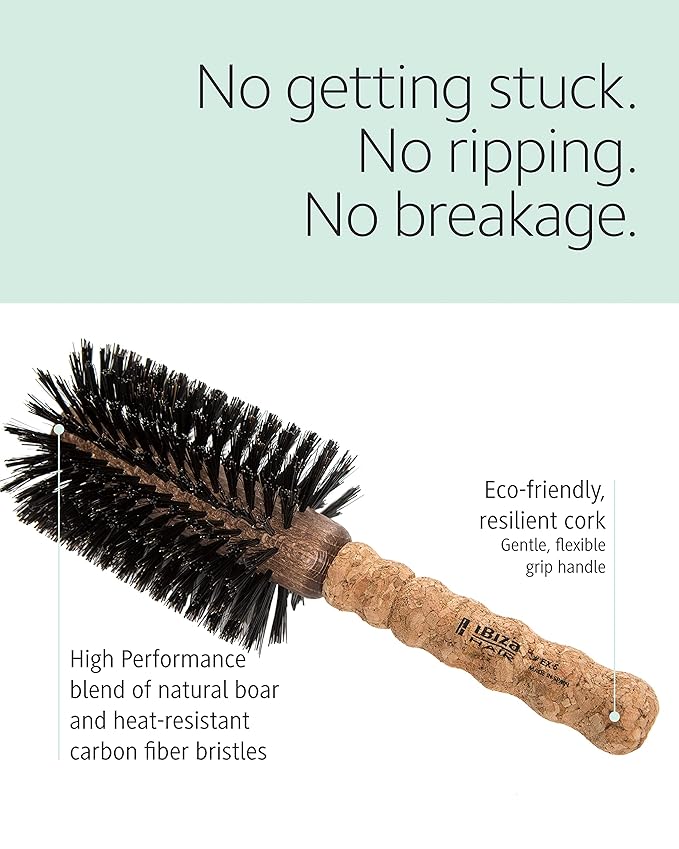 Ibiza Hair Round Boar Bristle Brush (EX5-80mm) | Lightweight with Reinforced Bristles & Cork Handle | Ideal for Loose Curls & Big Volume | Adds Texture & Shine for Medium to Long Styles
