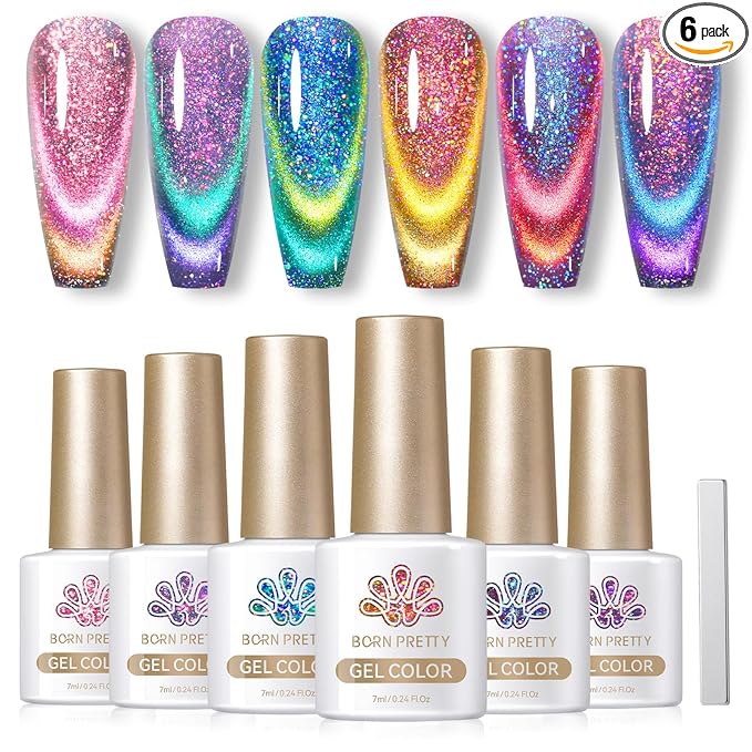 Born Pretty Cat Magnetic Gel Nail Polish 9D Chameleon Holorgraphic Cat Magnetic Eye Gel Polish Glitter Gel Polish Set 6PCS