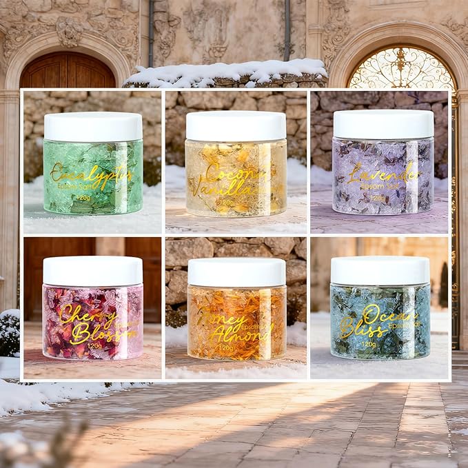Gifts for Women & Men - 9-Piece Floral Epsom Salt Gift Set for Women with 6 x 120g Epsom Salt, Bath and Body Gift Set in Elegant Box | Christmas, Mothers Day, Valentines Day, Birthday Gifts