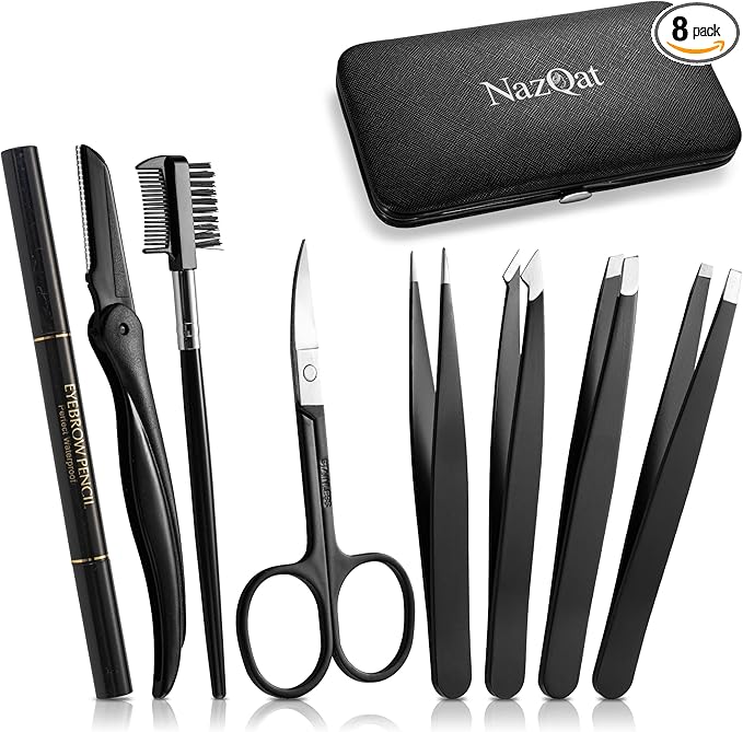 Exquisite 8-in-1 Eyebrow Kit for Women & Men – Luxury Eyebrow Grooming Kit with 4 Precision Tweezers For Eyebrows, Eyebrow Razor, Eyebrow Scissors, Eyebrow Brush/Comb & Pencil with Padded Case