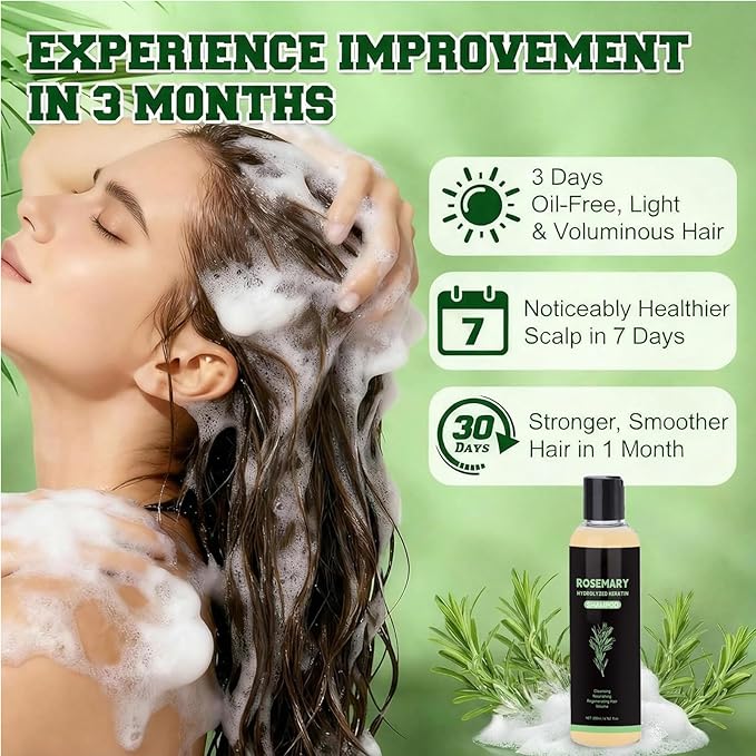 Rosemary Hair Growth Shampoo, Rosemary Hydrolyzed Keratin Shampoo for Thinning Hair – Strengthening & Volumizing Formula – Promotes Thicker Hair for Men & Women – Repairs Damaged – 200ml