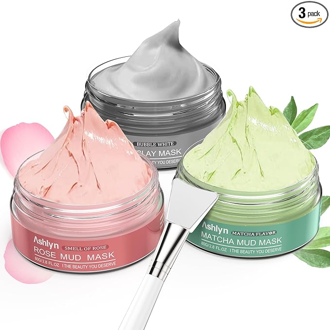 Ashlyn 3-Piece Mud Mask Set, Green Tea Mud Mask, Rose Mask Skincare Series, Dead Sea Foaming Deep Cleansing Mask, Firming Oil Control, Pore-Minimizing Skincare, 8.46 oz
