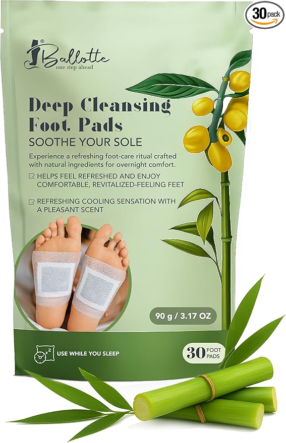 Ballotte Deep Cleansing Foot Pads - Soothe Your Sole While You Sleep, Revitalizing Foot Patches with Bamboo Vinegar, Mint & Vitamin C, Adhesive Feet Pads for Men & Women, 30 Count