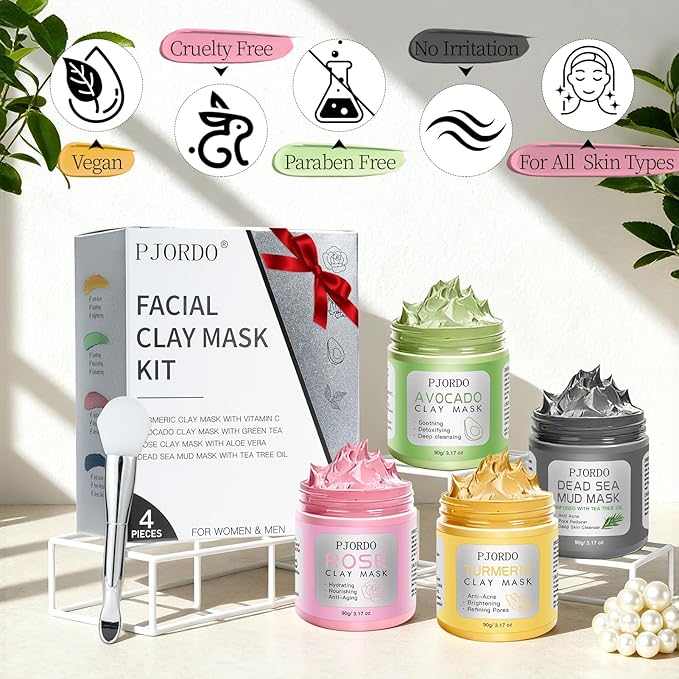 Pjordo 4 Pcs Clay Mask for Face(360g in Total), Turmeric Vitamin C, Dead Sea Mud, Green Tea Avocado, Rose, Face Masks Skincare for Pore Cleansing, Facial Masks for Women Skin Care, 3.17 Oz Each