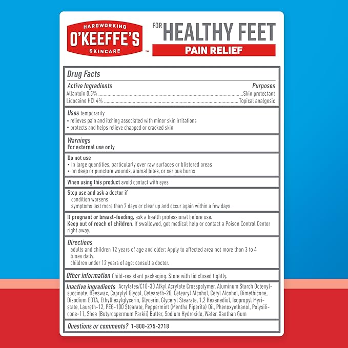 O'Keeffe's for Healthy Feet Pain Relief Skin Protectant Cream; 3 Ounce Tube (Pack of 1); Foot Pain Relief Cream; Cooling Foot Cream