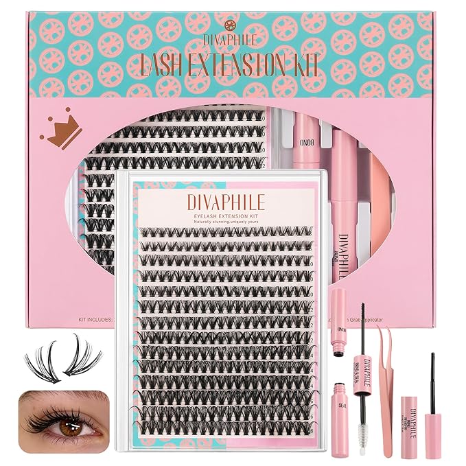 Lash Extension Kit DIY 280pcs Individual Lash Clusters Eyelash Extension Kit, 8-16mm False Eyelash Clusters with Lash Bond and Seal, Lash Tweezers for Self Application (40D Kit)