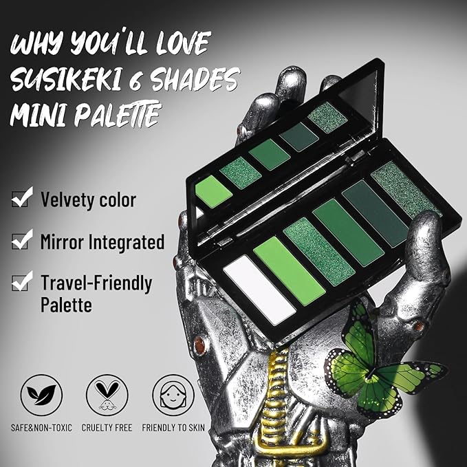 SUSIKEKI Green Eyeshadow Palette with Mirror Lime Forest Emerald Tones Matte Shimmer 6 Colors Mini Eye Shadow Pallet Travel Size Highly Pigmented for Goth Fairy Joker Wicked Halloween Parties Makeup