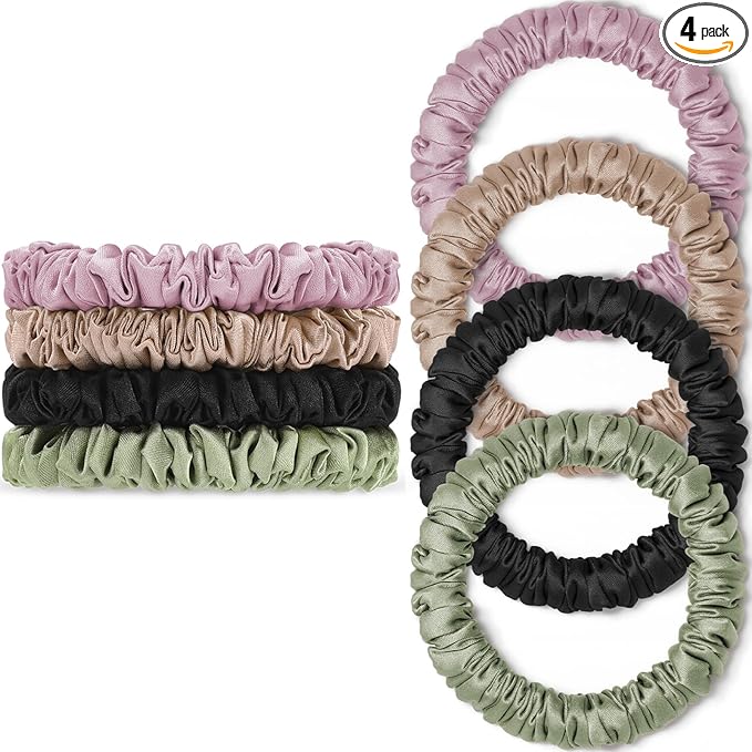 Scrunchies Hair Ties Silk Satin Scrunchy, WantGor Women 4PC Pure Mulberry Silk Skinny Elastic Scrunchies Hair Bands Bracelets Ponytail Holders Hair Accessories (Black,Champagne,Pink,Green)