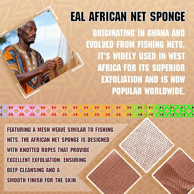 5 Pieces African Net Sponge – Deep Cleansing & Exfoliating Mesh for Glowing Skin – Stretchable, Quick-Dry Material for Daily Shower Use (Purple, Orange, Blue, Green, Brown)