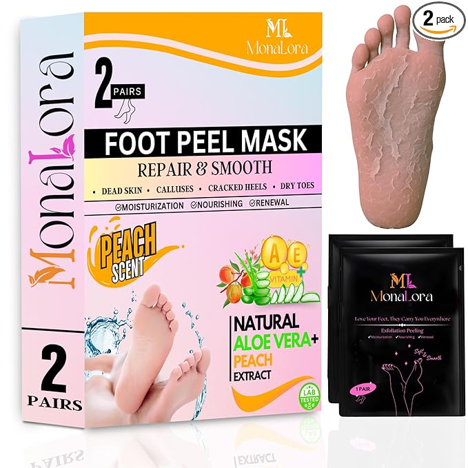 Foot Peel Mask for Dry, Cracked Heels – Exfoliating Callus Remover with Natural Fruit Extracts – Baby Soft Feet in 1 Week – 2 Packs | Peach Scent