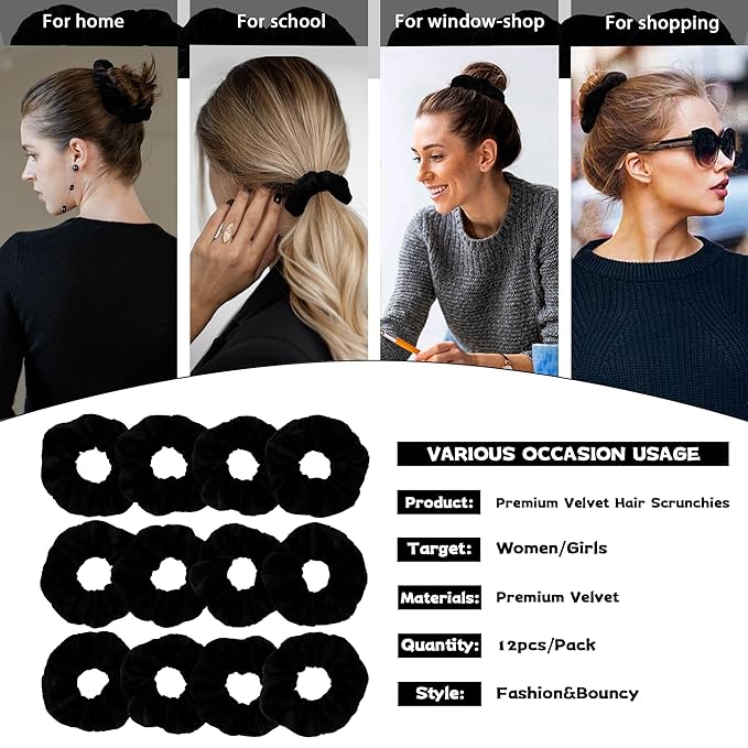 12 Pcs Scrunchies for Women, Premium Velvet Soft Scrunchies, Black Elastic Hair Bands, Bulk Hair Ties for Girls and Suitable for Various Occasions(Classic Black)