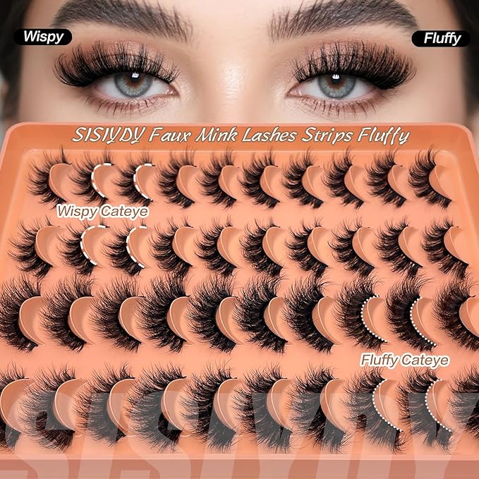 Mink Lashes Wispy Cat Eyelashes Strip False 3D Eyelashes 16mm Short Fluffy Lash Natural Look Faux Mink Cat eye Lashes Multipack Pack 2 Styles Mixed YH309