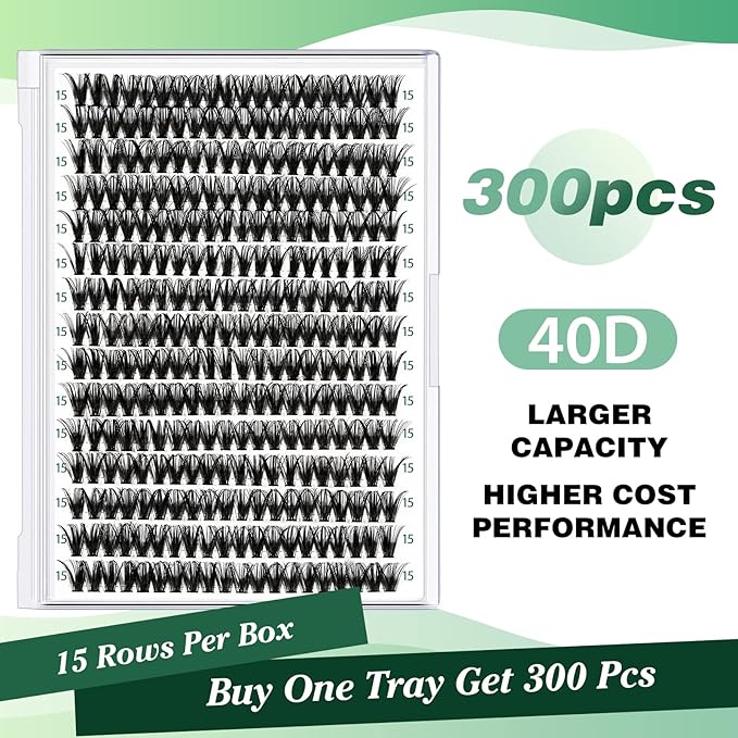 KEYYOU Lash Clusters 300pcs Individual Lashes, 40D 0.07D Curl 15mm DIY Eyelash Extension, Soft & Natural Volume Cluster Lashes with Large Tray