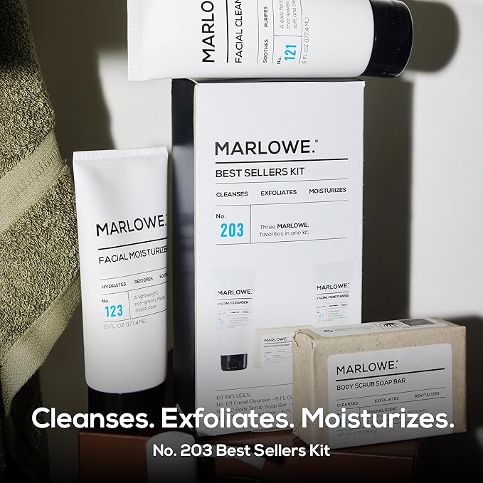 MARLOWE. Men's Skin Care Set, 3-Piece Best Sellers Kit, Exfoliating Scrub Soap Bar, Purifying Facial Cleanser & Hydrating Facial Moisturizer, Great Gift for Men, Clean, Vegan Grooming Essentials