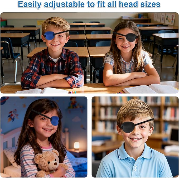 2PCS 3D Eye Patch for Kids, Soft Medical Eye Patches, Adjustable Amblyopia Lazy Eye Patches for Left or Right Eyes(Black, Blue)