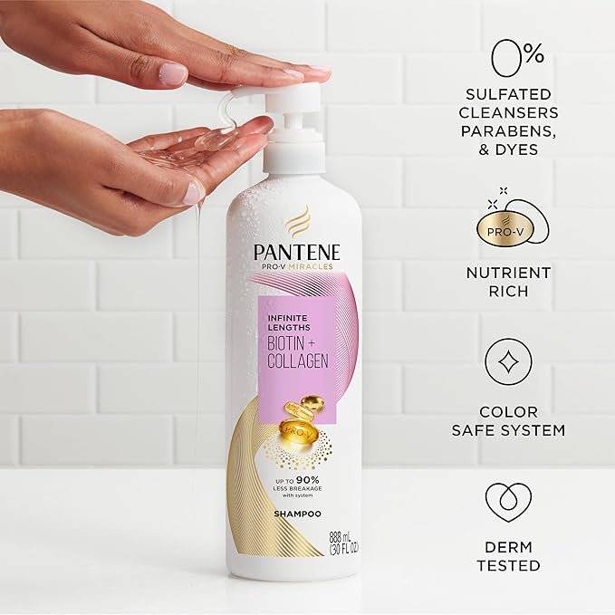 Pantene Infinite Lengths Shampoo, Sulfate Free with Biotin + Collagen, Strengthens Brittle Hair, Up to 90% Less Breakage, Safe for Color Treated Hair, Pro-V Miracles, Floral Scent, 30 Fl Oz