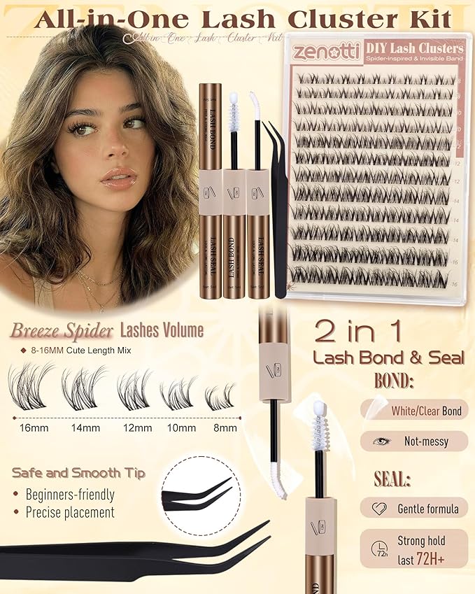 Spider Lashes Cluster Kit Natural Breeze Lash Clusters Wispy Eyelash Clusters Kit Venus Cluster Eyelash Extension Fluffy Individual Lashes D Curly 8-16mm Lash Extensions with Invisible Band by zenotti