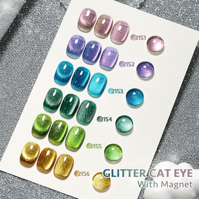 GAOY Glitter Cat Eye Gel Nail Polish Set with Magnet Colorful Galaxy for Holographic Cat Eye, Salon Gel Manicure and Nail Art DIY at Home
