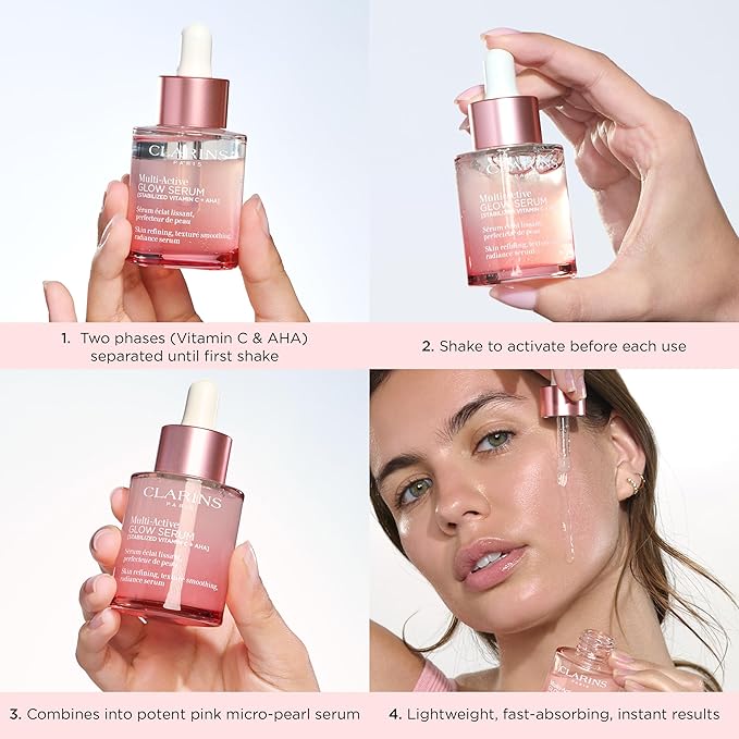 Clarins Multi-Active Brightening Glow Serum with Vitamin C + AHA | Visibly Brightens, Evens Tone, Smooths Texture + Refines Pores* | All Skin Types | 1 Fluid Ounce