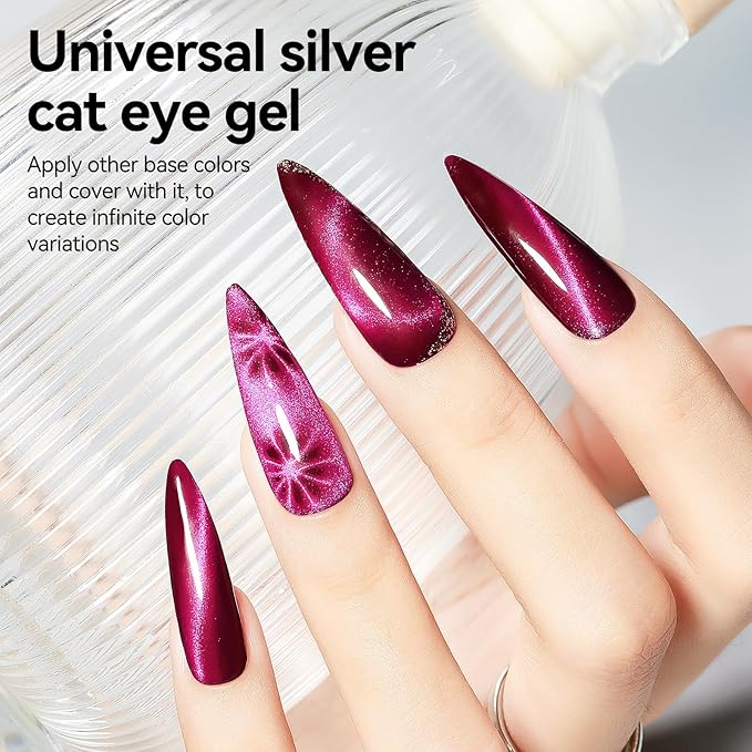 Cat Eye Gel Nail Polish, Silver Glitter Magnetic Nail Polish Smoothie with Magnet Stick, Holographic Shimmer Cateye Effect, UV Velvet Nail Art Manicure Salon DIY Home, 12ML