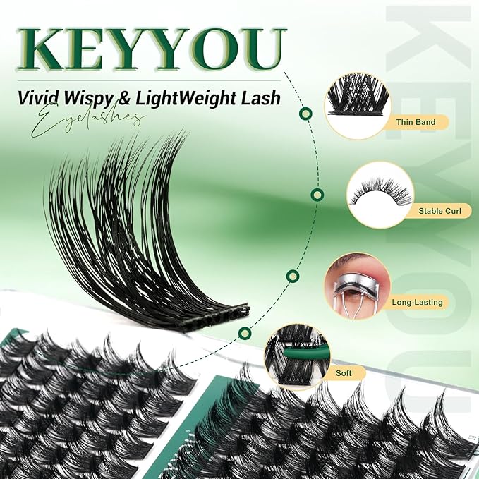 KEYYOU Lash Clusters,96 Pcs Cluster Lashes Y02 D Curl 8mm DIY Lash Extensions Eyelash Clusters,Volume Wispy Individual Lashes Soft&Comfortable Easy to DIY at Home