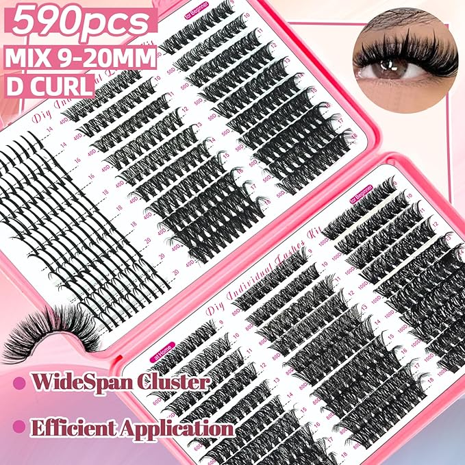 QUKLOGEN DIY Eyelash Extensions Kit with Spike Lash Cluster 802Pcs D Curl Wispy Individual Lashes Kit with Lash Bond and Seal,Quick Glue Remover Tweezers Eyelash Brush Mini Applicator