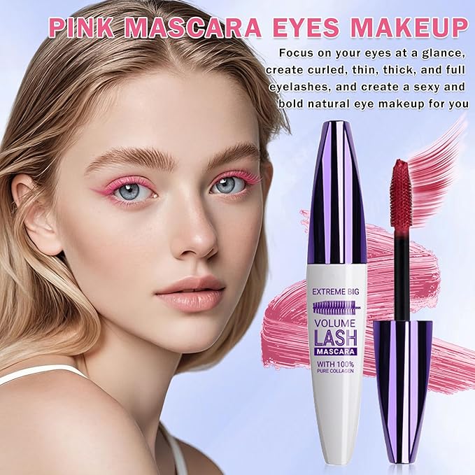 Pink Mascara for Eyelashes,5D Colored Mascara Volume and Length Waterproof,Natural Curling for Women Eye Makeup
