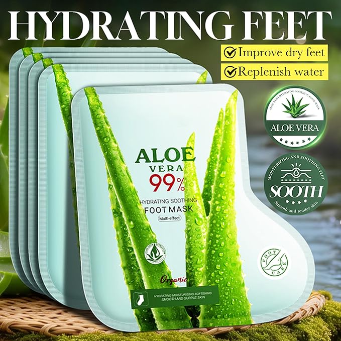 Moisturizing Aloe Vera Foot Mask with Aloe Vera and Hyaluronic Acid, Hydrating Masks for Dry Cracked Feet, Dry Skin Moisturizer Exfoliating Mask for Soft and Smooth Feet - Men Women - 3 Pack