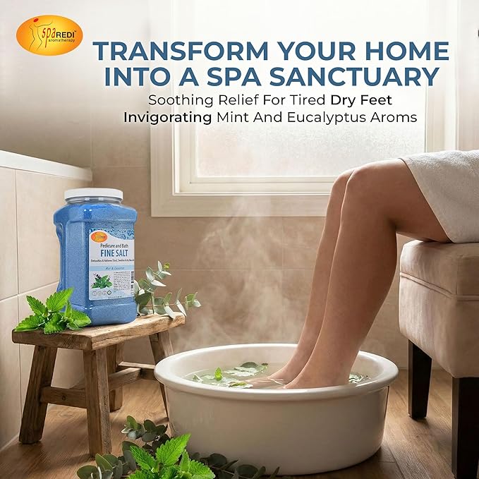 SPA REDI - Detox Foot Soak Pedicure and Bath Fine Salt, Mint and Eucalyptus, 128 Oz - Made with Dead Sea Salts, Argan Oil, Coconut Oil, and Essential Oil - Hydrates, Softens and Moisturizes
