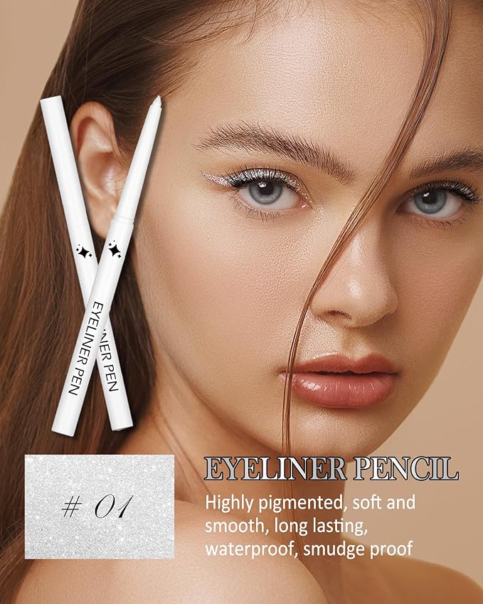 Glitter White Eyeliner Pencil, Glitter Gel Eyeliner Pencils, Waterproof Smudge Proof Long-Lasting Metallic Waterline Eye Liner, Precision Retractable Shine Pen for Mature Women Girls Eye Makeup-01