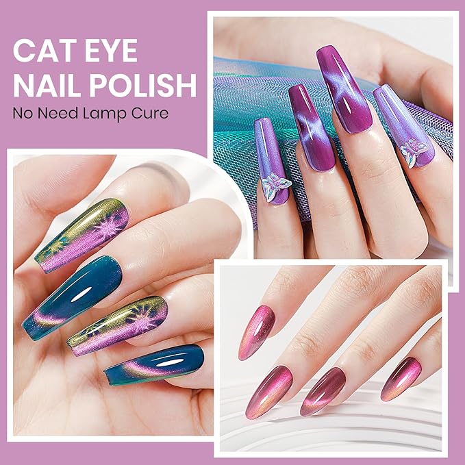 Quick Dry Cat Eye Nail Polish Set, Magnetic Nail Polish Non Gel, Air Fast Dry Cateye Nail Lacquer with Magnet High Glossy DIY Salon for Women Girl
