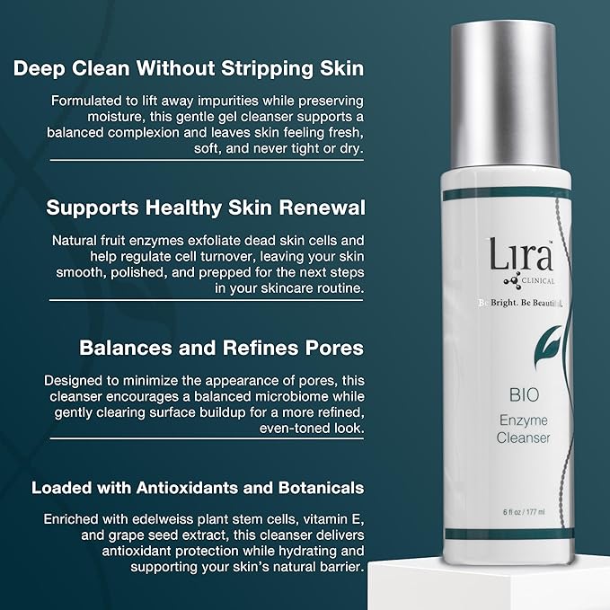 Lira Clinical BIO Enzyme Cleanser for Sensitive Skin Control - Papaya Enzyme Gel Face Wash - Hydrophilic Exfoliating Facial Cleanser - Deep Cleansing Skincare with Hydrating Care - 6 Oz