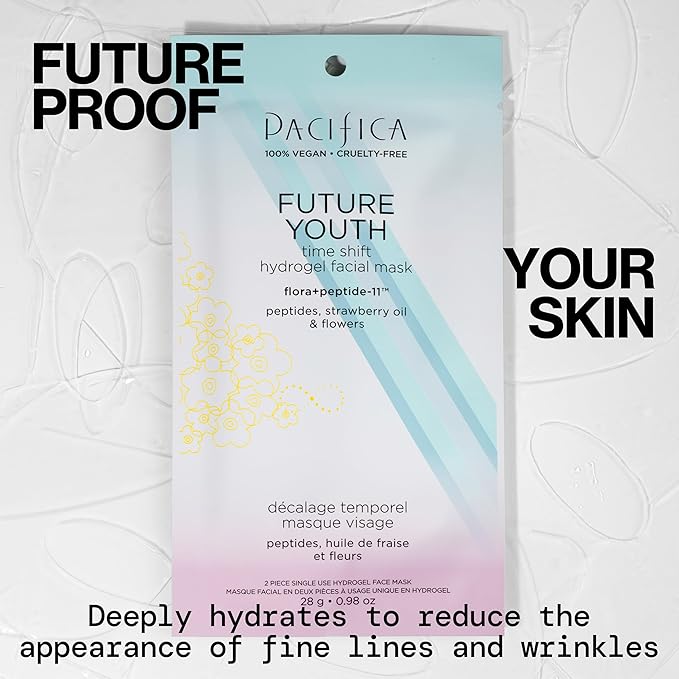 Pacifica Future Youth Time Shift Hydrogel Facial Mask, Multi-Peptide Anti-Aging Sheet Mask for Firming & Plumping, Ultra-Hydrating Serum-Infused Mask for Face & Neck, 100% Vegan