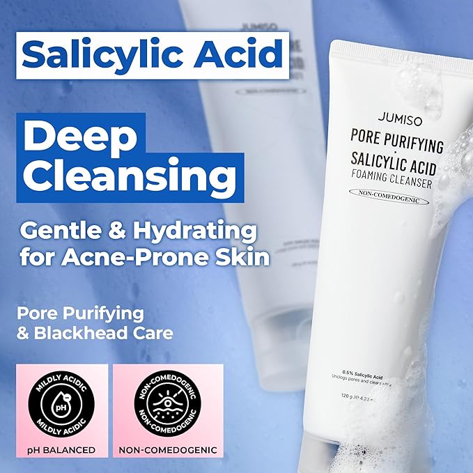 JUMISO Salicylic Acid 0.5% BHA Foaming Cleanser with Blue Clay – Low pH Face Wash for Oily Acne-Prone Skin – Blackhead & Strawberry Nose Care, Non-Stripping Daily Use, Fragrance-Free, 4.23 oz