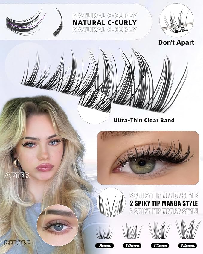 ALICE Manga Lash Clusters Natural Wispy 8-14mm Eyelash Clusters with Spikes Cluster Eyelash Extensions Spiky Invisible Band Cluster Lashes Anime Individual Lashes 108pcs