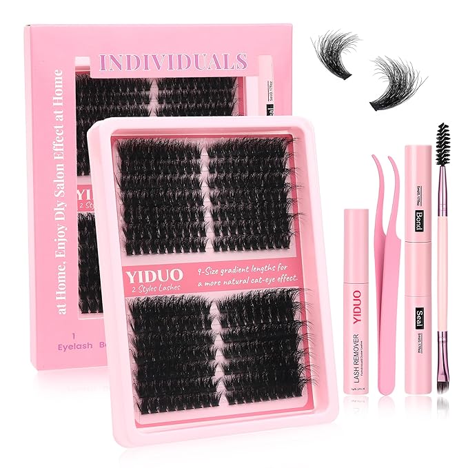 YIDUO Lash Clusters Kit 100D+150D 10-18mm Cat Eye Eyelash Extensions Kit Volume Wispy Left & Right Individual DIY Lash Extension Kit with Glue |Tweezers |Removers |Eyelash & Eyebrow Brush