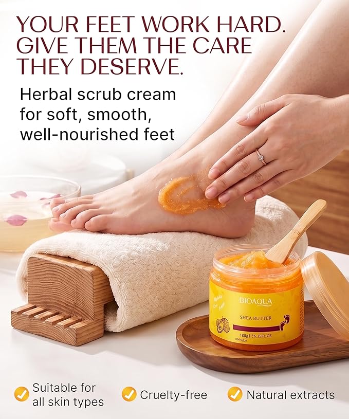 Bioaqua Foot Scrub - Pedicure Scrub Exfoliating Cream with Shea Oil & Natural Herbal Extracts for Dry, Rough Heels & Calluses - Foot Scrub Exfoliator, 180g