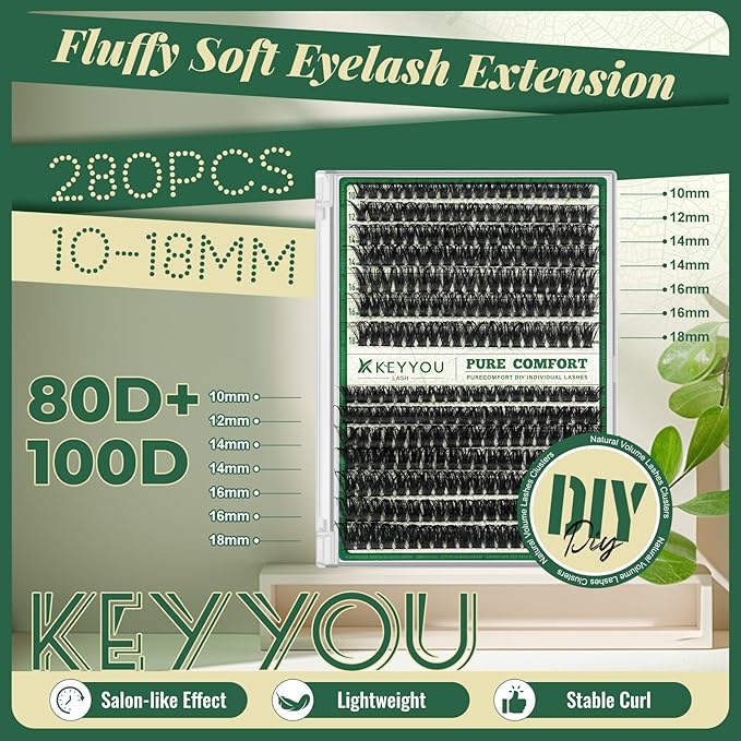 KEYYOU Lash Clusters Thick Volume 280pcs 80D&100D 10-18mm D Curl Eyelash Clusters with 0.03mm Thin Band, Super Soft Wispy for Beginner DIY at Home