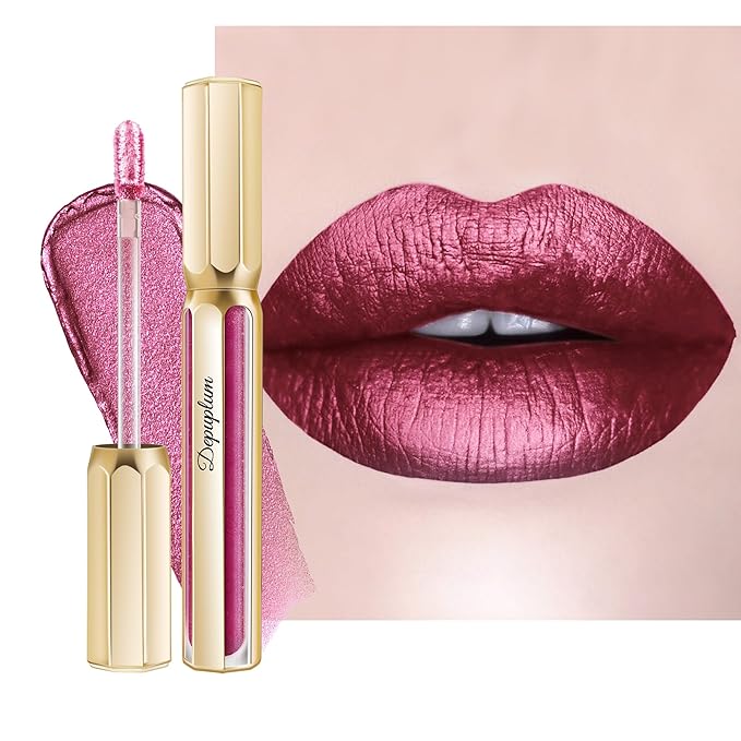 Depuplum Burgundy Lipsticks for Women Dark Purple Metallic Lipstick Long Lasting Shimmer Lip Gloss Glitter Waterproof Lipsticks Full Coverage Lip Color for Mother's Day,DP107 Wild Girl
