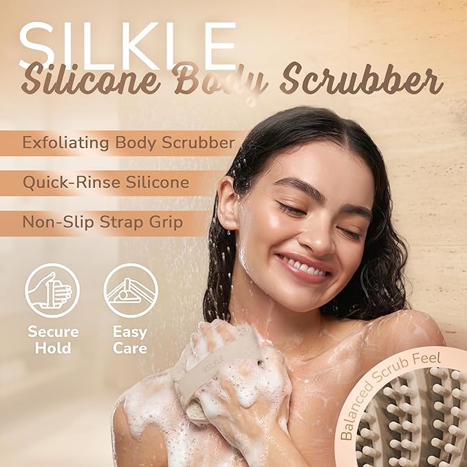 SILKLE Silicone Body Scrubber – Gentle Exfoliating Shower Scrubber for Body & Bath, Silicone Shower Brush & Loofah Alternative – Non-Slip Silicone Body Brush, Quick Dry, Hygienic - Clay