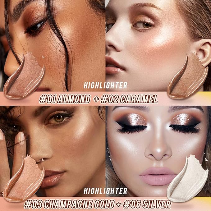 2Pcs Highlighter Stick Cream Contour Stick Makeup Kit, Shimmer Highlighter and Bronzer Stick Contour Wand, Water-proof Long Lasting Smooth Face Brightens & Shades Contouring Stick Illuminator