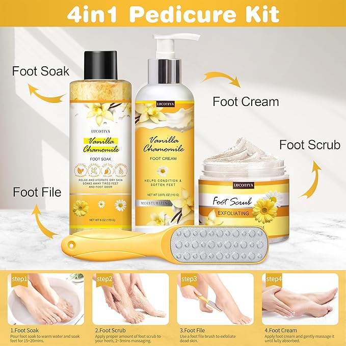 LUCOTIYA Foot Soak Set Pedicure Kit, Vanilla chamomile Foot Soak Salts, File, Scrub & Urea Cream,Pedicure Supplies for Dry Cracked Feet for Women