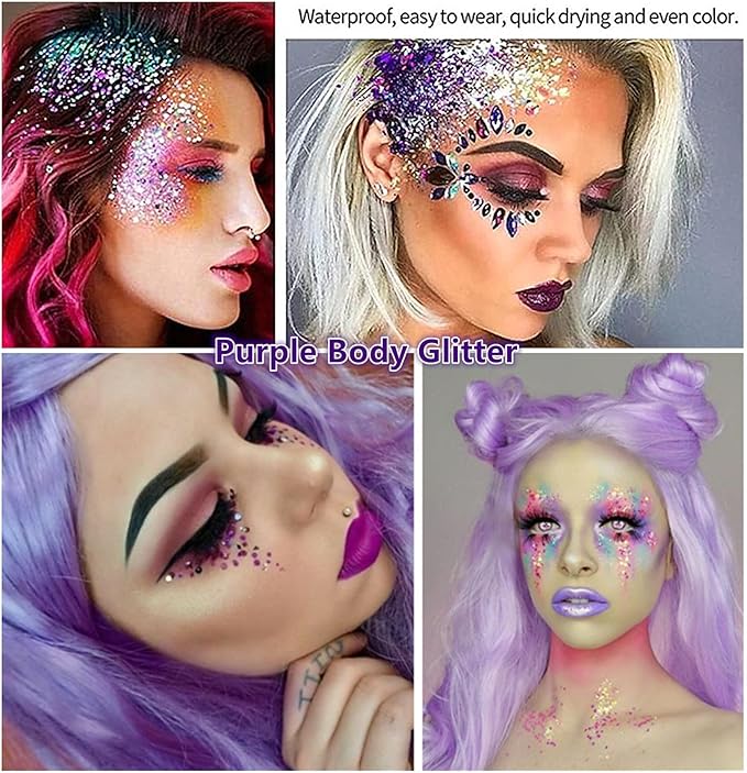 Go Ho Mermaid Purple Face Body Glitter Gel,Holographic Purple Hair Glitter for Kids&Women,Chunky Sequins Glitters for Eye Lip Nails,Festival Rave Hair Accessories