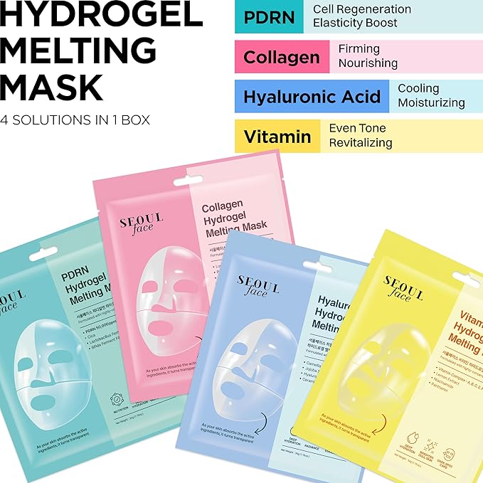 DERMAL Hydrogel Melting Mask Variety Pack 4 Sheets - Korean Overnight Face Mask Set with Collagen, Hyaluronic, PDRN, Vitamin - Glass Skin Jelly Gel for All Skin Concerns - K-Beauty Ritual