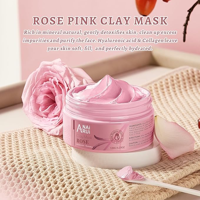 ANAI RUI Rose Facial Mask, Deep Cleansing, Clay Mask with Kaolin Pink Clay, Gifts for Women, Niacinamide, Collagen, Hyaluronic Acid for Moisturizing & Smooth Skin, Pores Minimizers, 4.23Oz